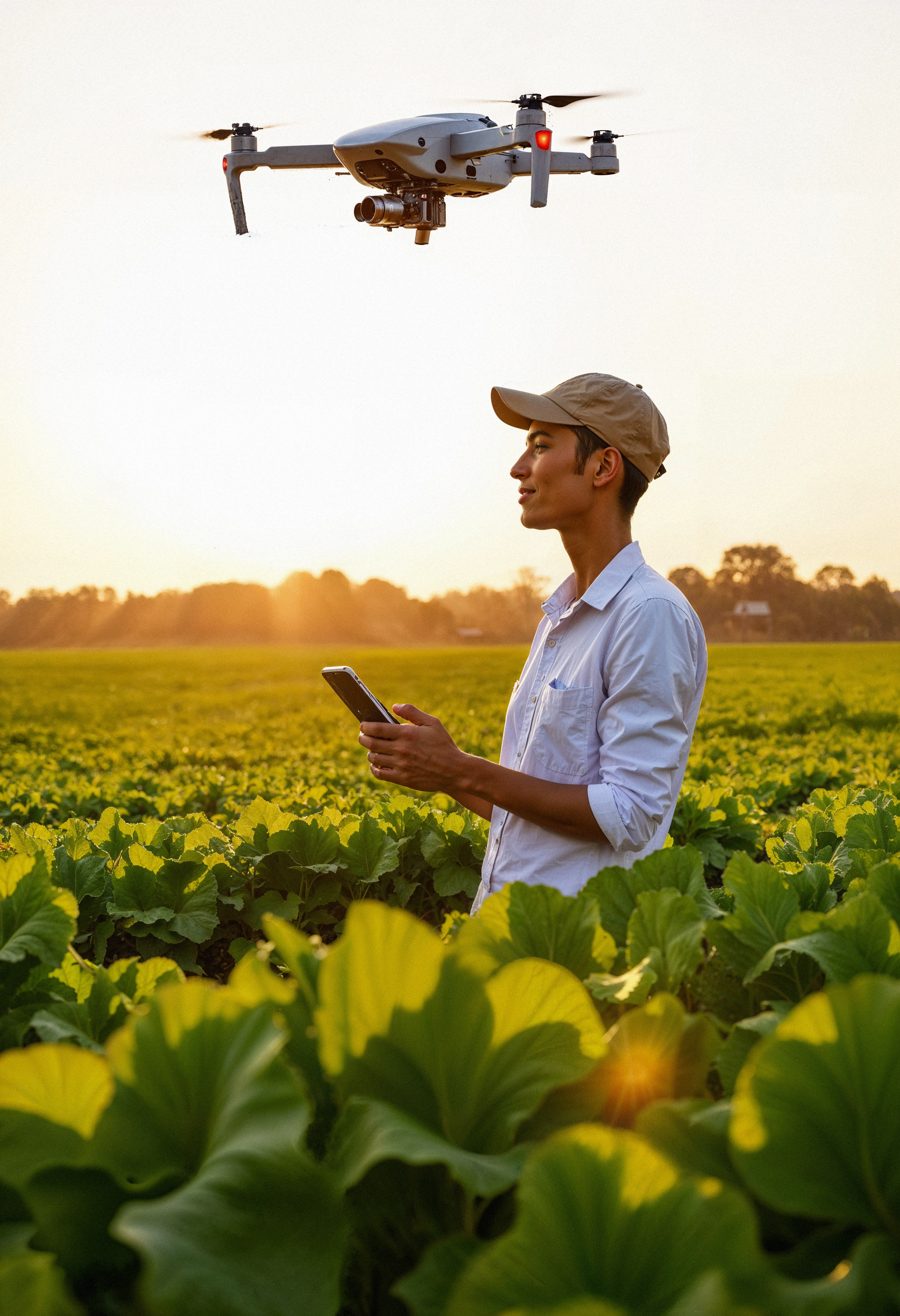 Agricultor con drone en campo — tecnología agrícola de precisión